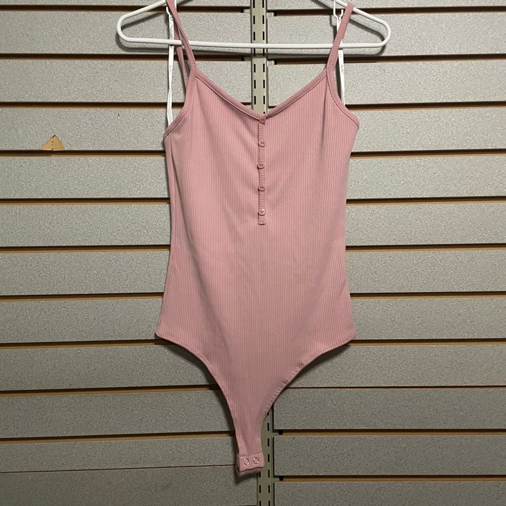 Papaya Womens Bodysuit Top Pink Ribbed V Neck‎ Sleeveless Button Down Medium